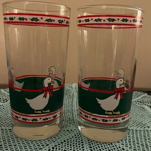 Set of 2 Christmas Goose Ribbon 1980’s Glasses